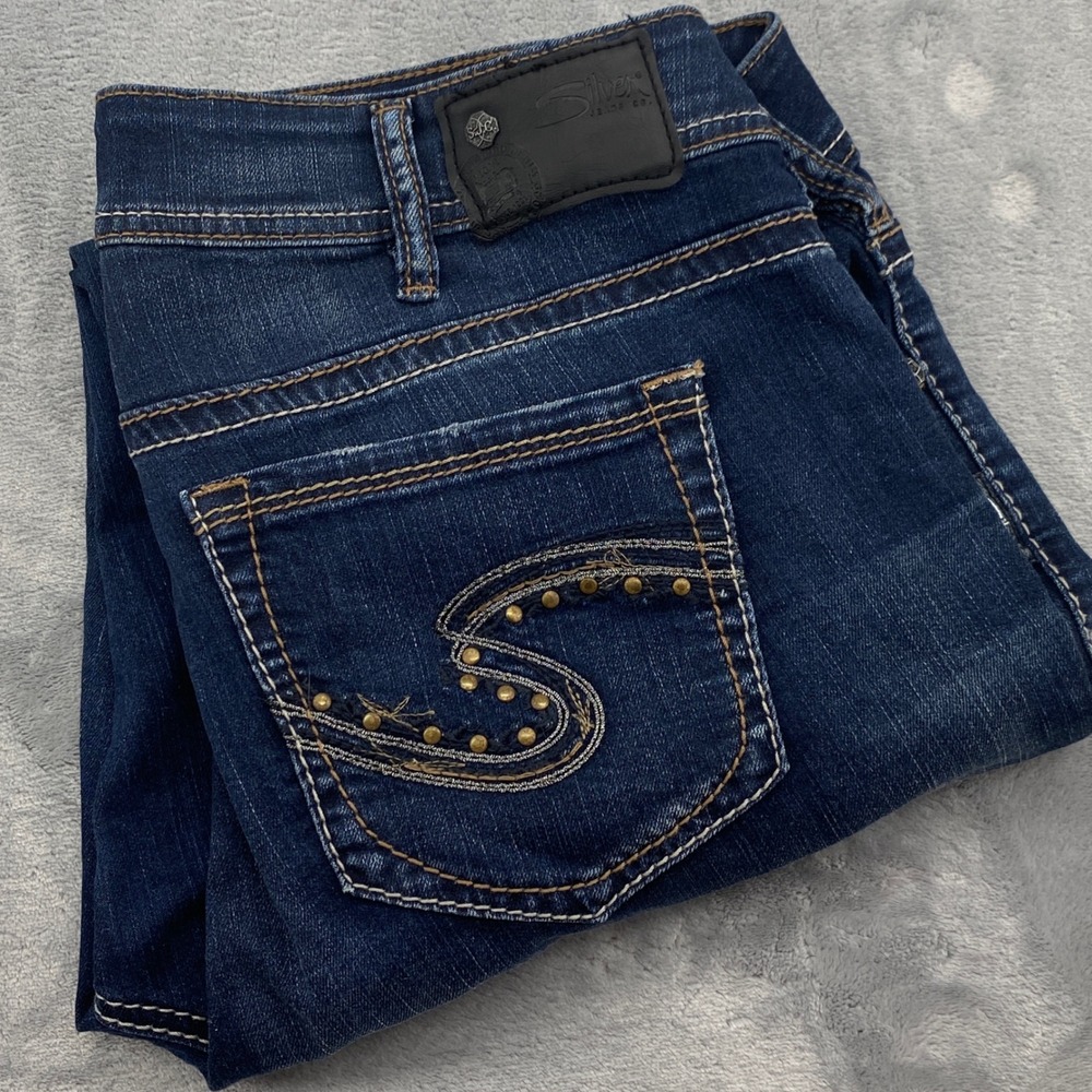 Silver Jeans Co Womens 16 Suki Mid Slim Boot Dark Wash Jeans Distressed Hem